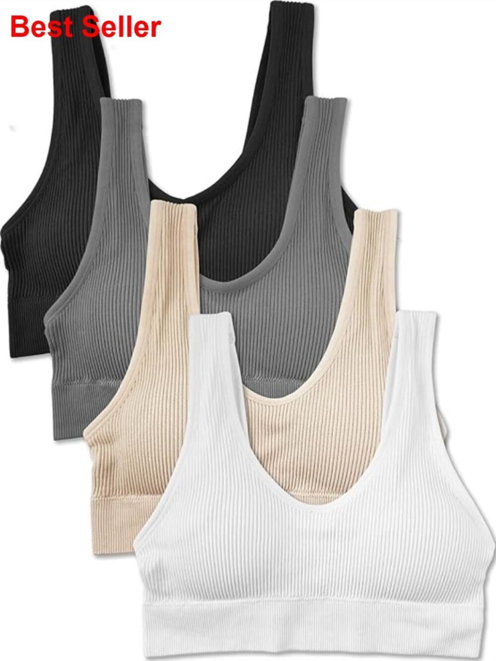 4 Pack Ribbed Bralette Crop Top Comfort Sports Bra